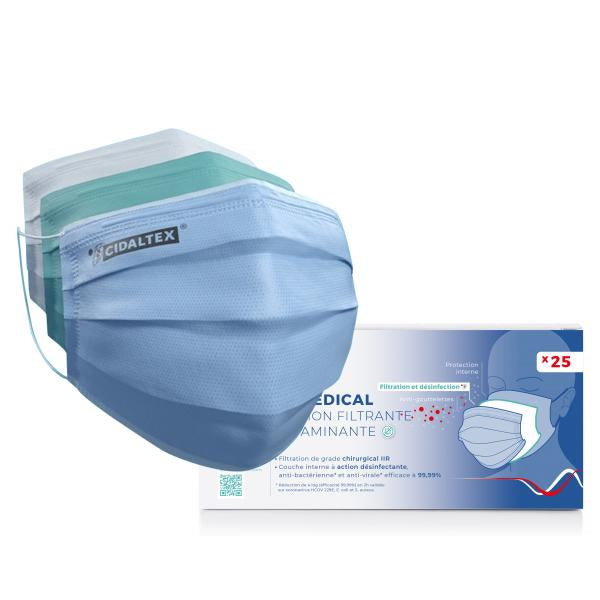 25 masques chirurgicaux Français de type IIR CIDALTEX EN14683:2019 FILTRATION+99%